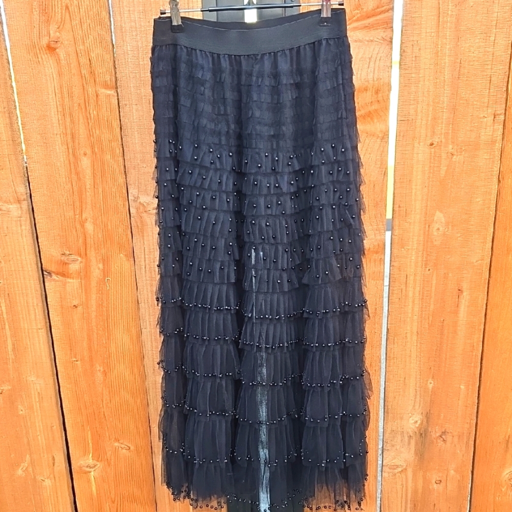 POL Elegant Black Beaded & Tiered Skirt sz M/L